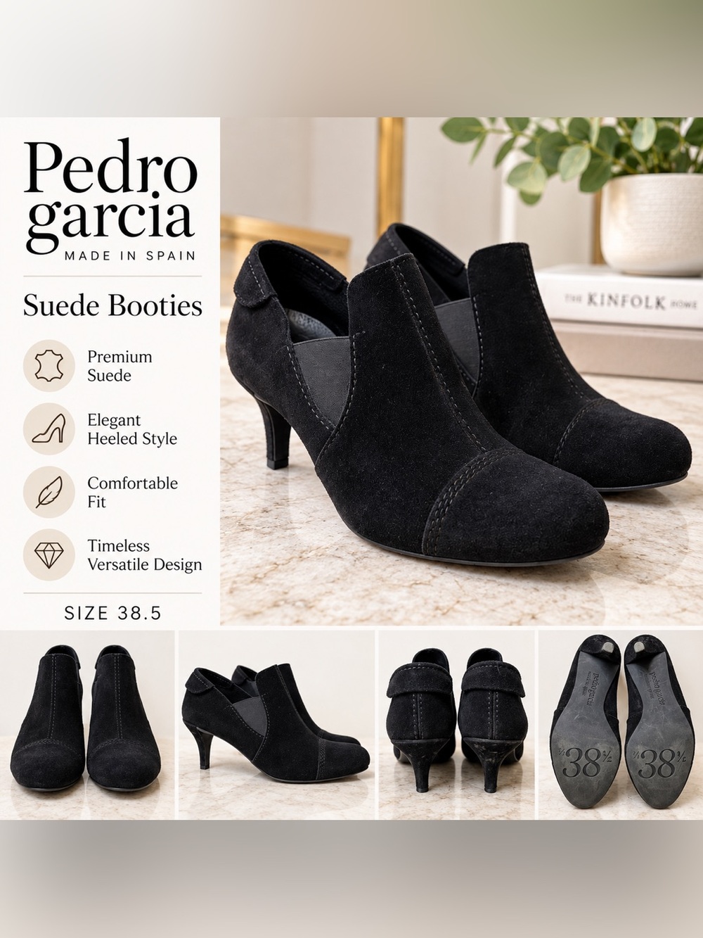 Pedro Garcia Black Suede Round Toe Heeled Booties | Size 38.5
